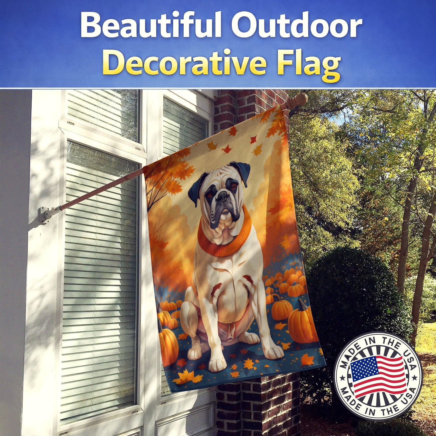 White Boxer Fall House Flag 28x40 Porch Sleeve Pole Decorative Outside Yard Banner Artwork Wall Hanging, Polyester