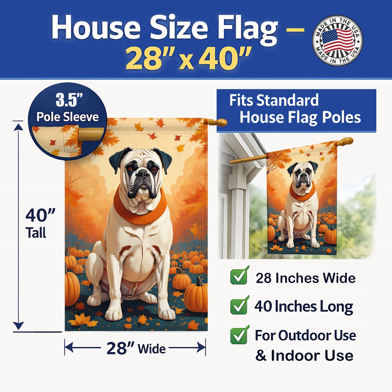 White Boxer Fall House Flag 28x40 Porch Sleeve Pole Decorative Outside Yard Banner Artwork Wall Hanging, Polyester