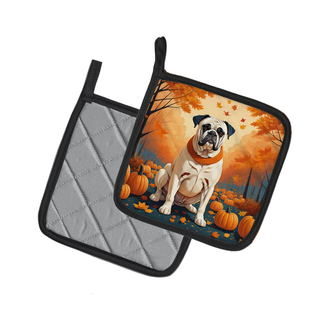 White Boxer Fall Pot Holder Set of 2 Heat Resistant Quilted Hot Pads 7.5 x 7.5 Inch, Insulated Kitchen Trivets for Cooking & Baking
