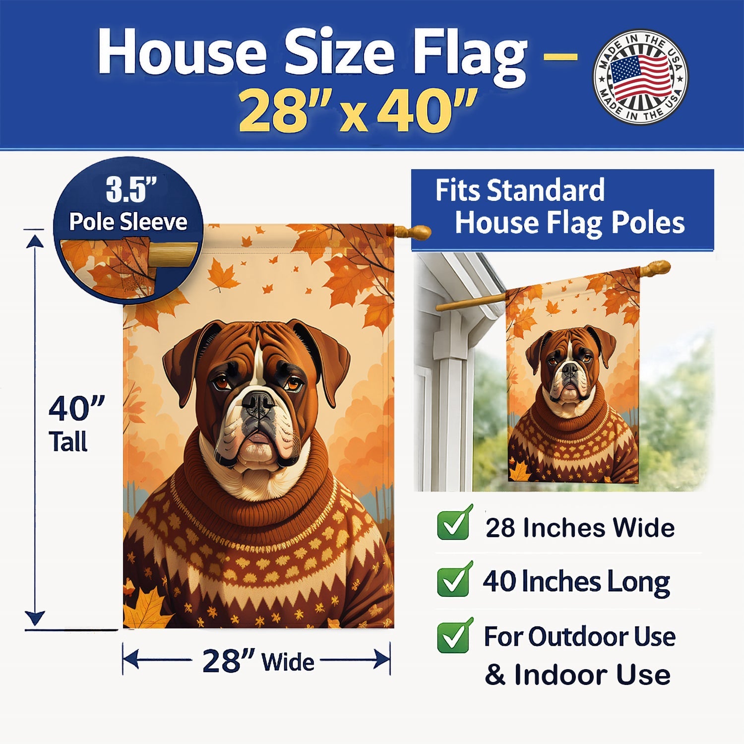 Boxer Fall House Flag 28x40 Porch Sleeve Pole Decorative Outside Yard Banner Artwork Wall Hanging, Polyester
