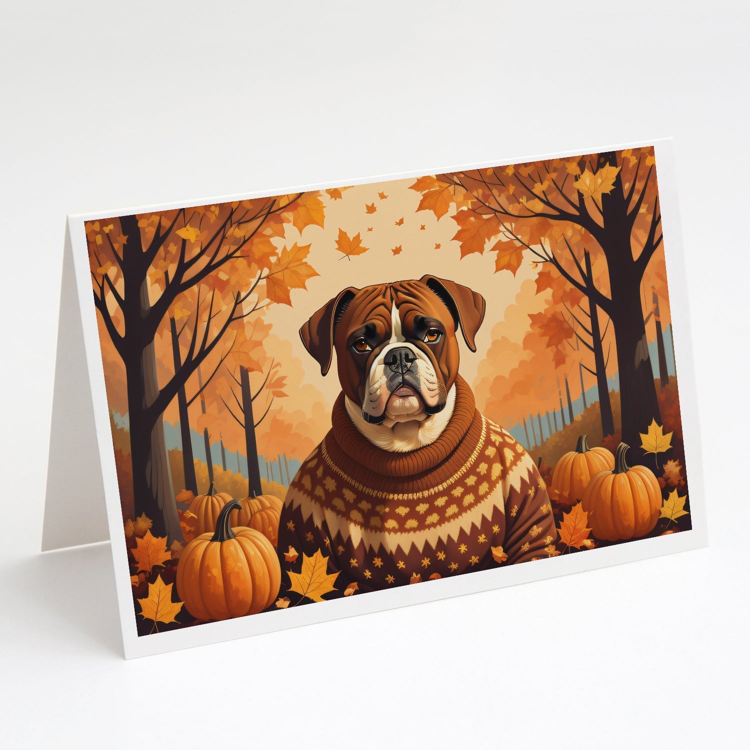 Boxer Fall Greeting Cards Pack of 8 Blank Cards with Envelopes Whimsical A7 Size 5x7