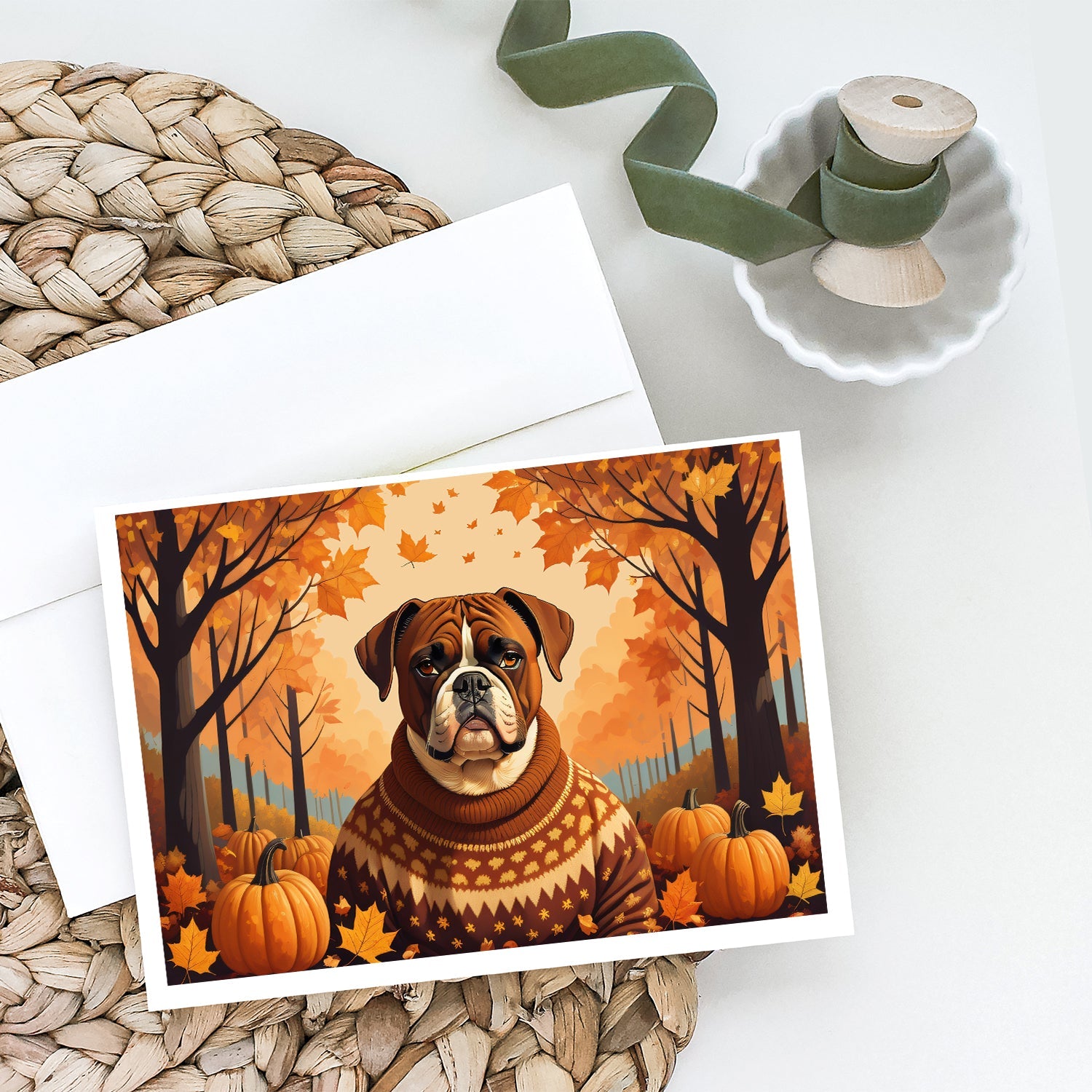 Boxer Fall Greeting Cards Pack of 8 Blank Cards with Envelopes Whimsical A7 Size 5x7