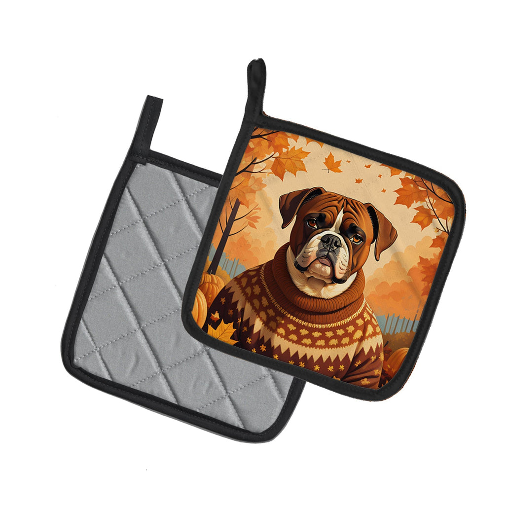 Boxer Fall Pot Holder Set of 2 Heat Resistant Quilted Hot Pads 7.5 x 7.5 Inch, Insulated Kitchen Trivets for Cooking & Baking