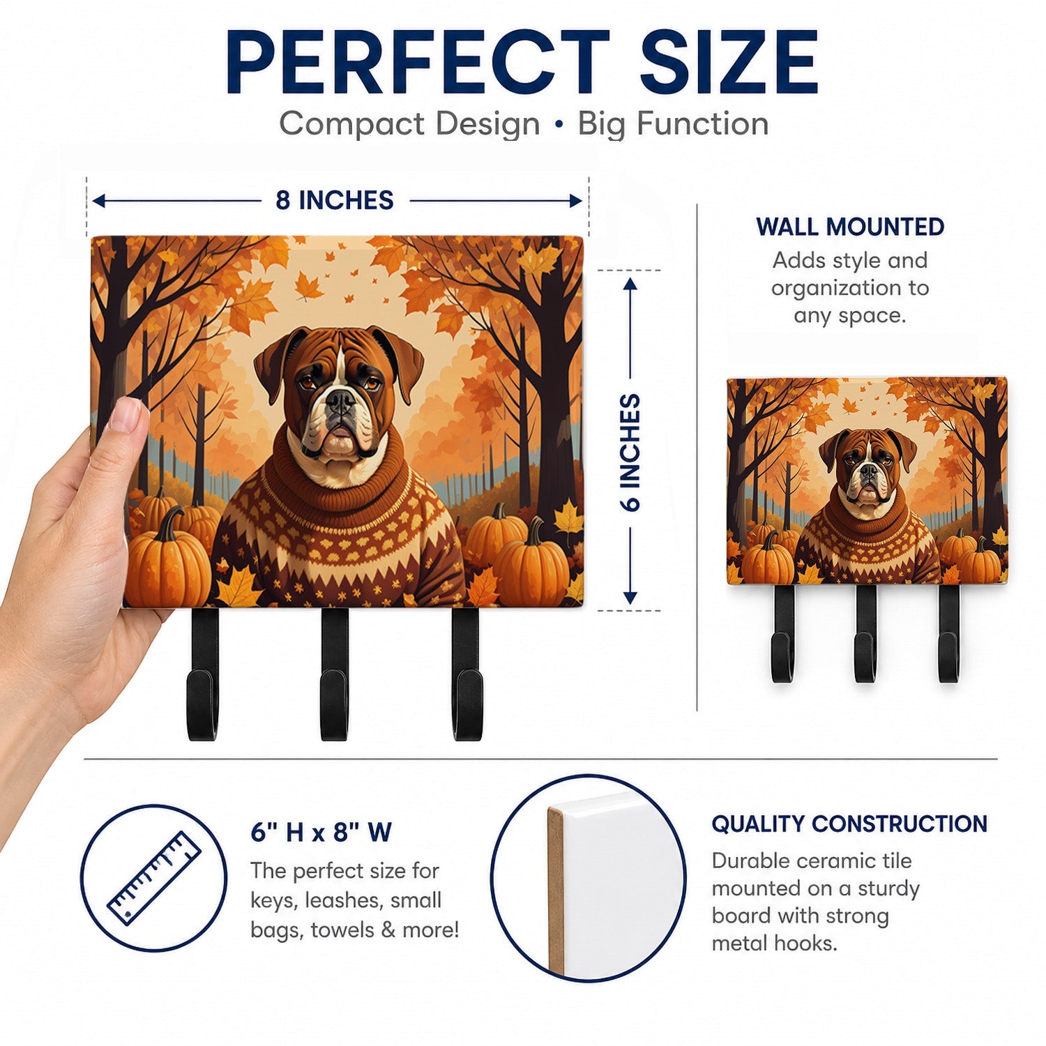 Boxer Fall Leash or Key Holder Wall Hooks, Coat Rack Wall Mount, for Hanging Keys, Towels, Aprons, Leashes