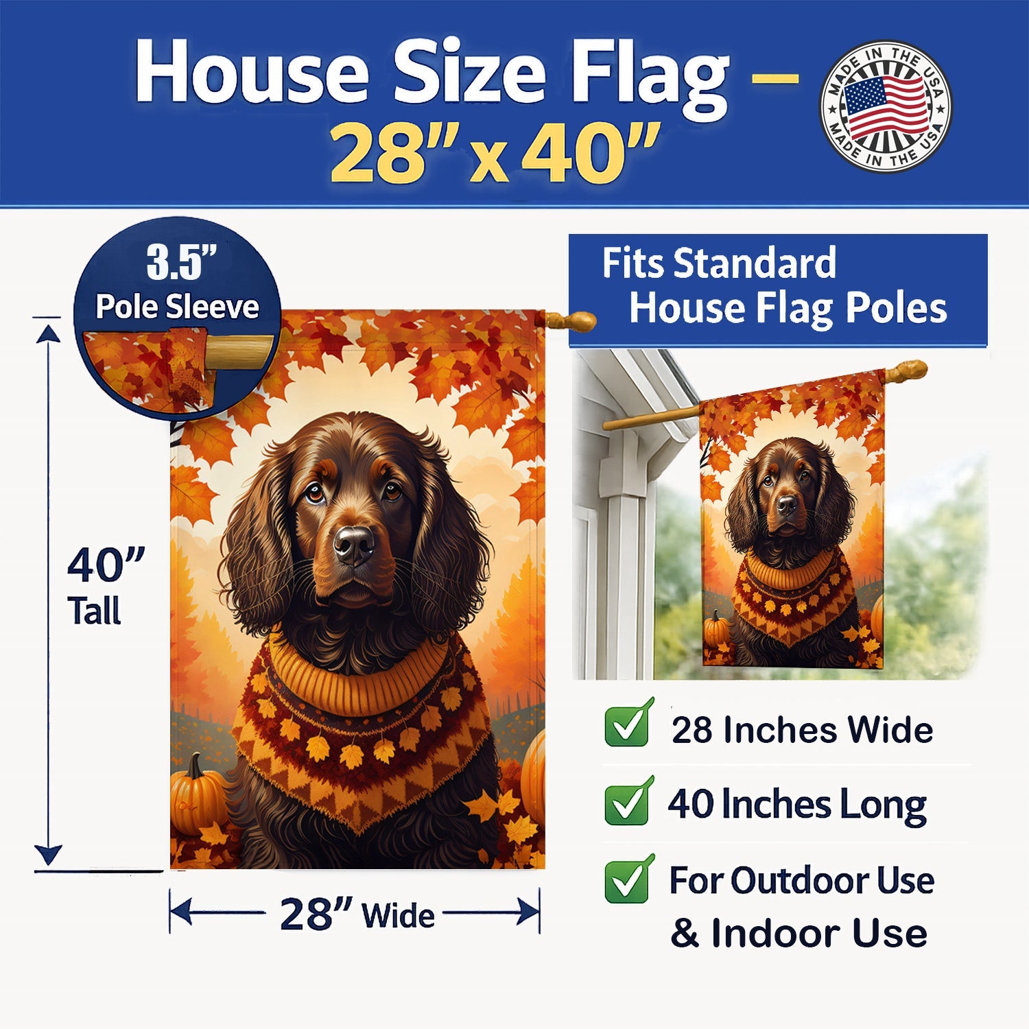 Boykin Spaniel Fall House Flag 28x40 Porch Sleeve Pole Decorative Outside Yard Banner Artwork Wall Hanging, Polyester
