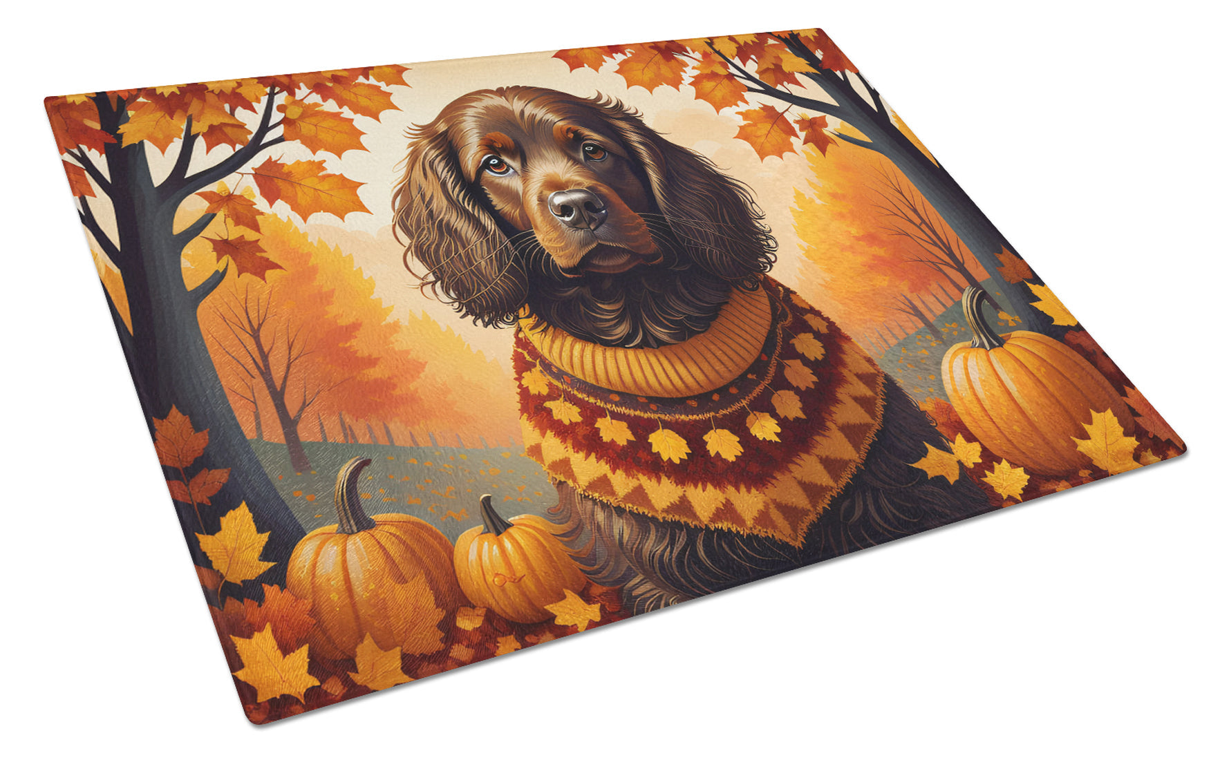 Boykin Spaniel Fall Cutting Board Tempered Glass Kitchen Cutting Surface, Heat Resistant Chopping, Non-Slip Feet, Food Prep & Serving