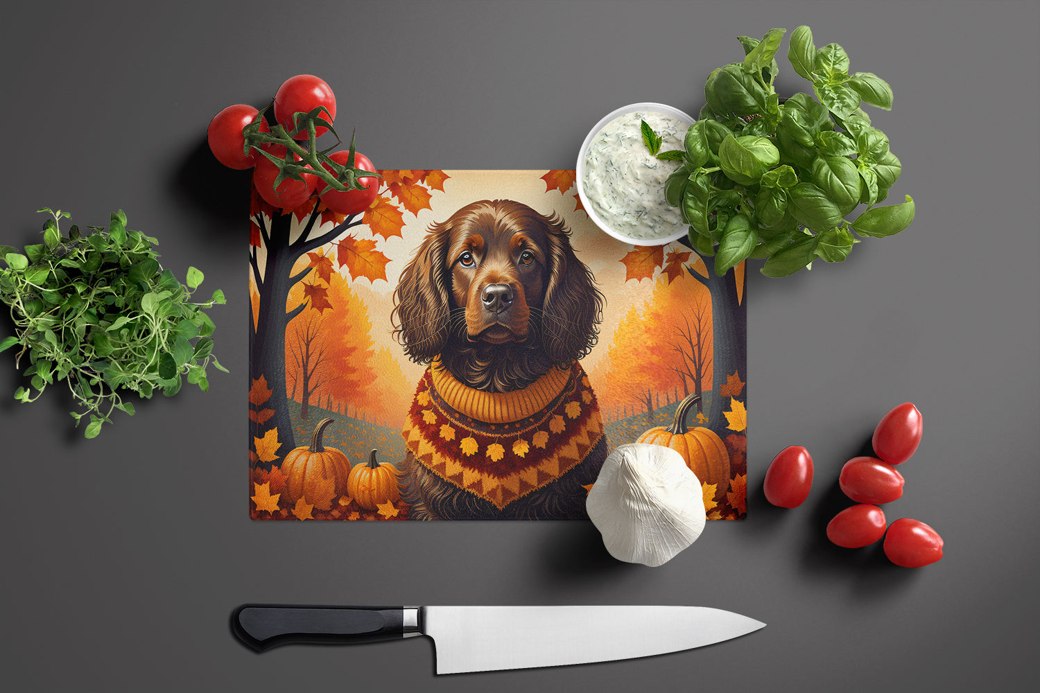 Boykin Spaniel Fall Cutting Board Tempered Glass Kitchen Cutting Surface, Heat Resistant Chopping, Non-Slip Feet, Food Prep & Serving