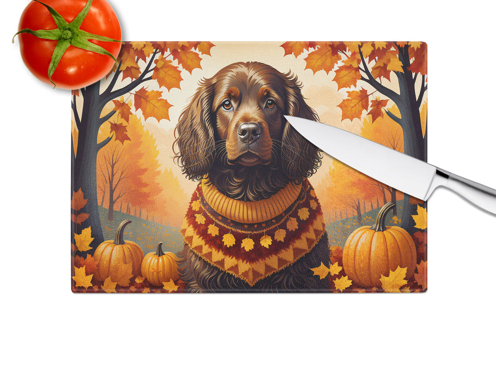 Boykin Spaniel Fall Cutting Board Tempered Glass Kitchen Cutting Surface, Heat Resistant Chopping, Non-Slip Feet, Food Prep & Serving
