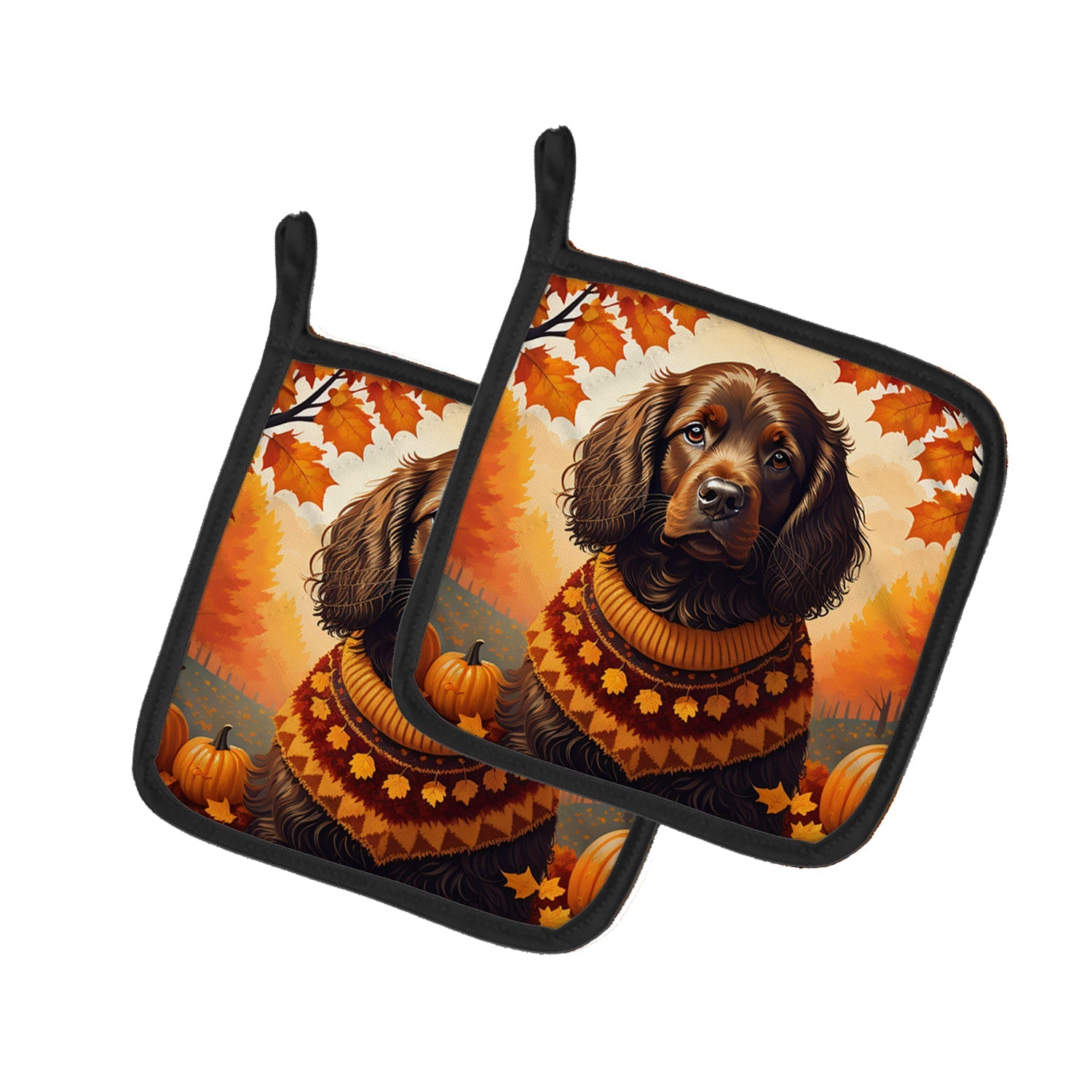 Boykin Spaniel Fall Pot Holder Set of 2 Heat Resistant Quilted Hot Pads 7.5 x 7.5 Inch, Insulated Kitchen Trivets for Cooking & Baking