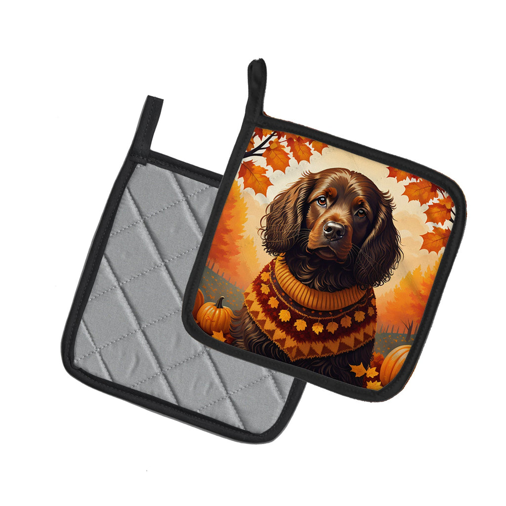 Boykin Spaniel Fall Pot Holder Set of 2 Heat Resistant Quilted Hot Pads 7.5 x 7.5 Inch, Insulated Kitchen Trivets for Cooking & Baking