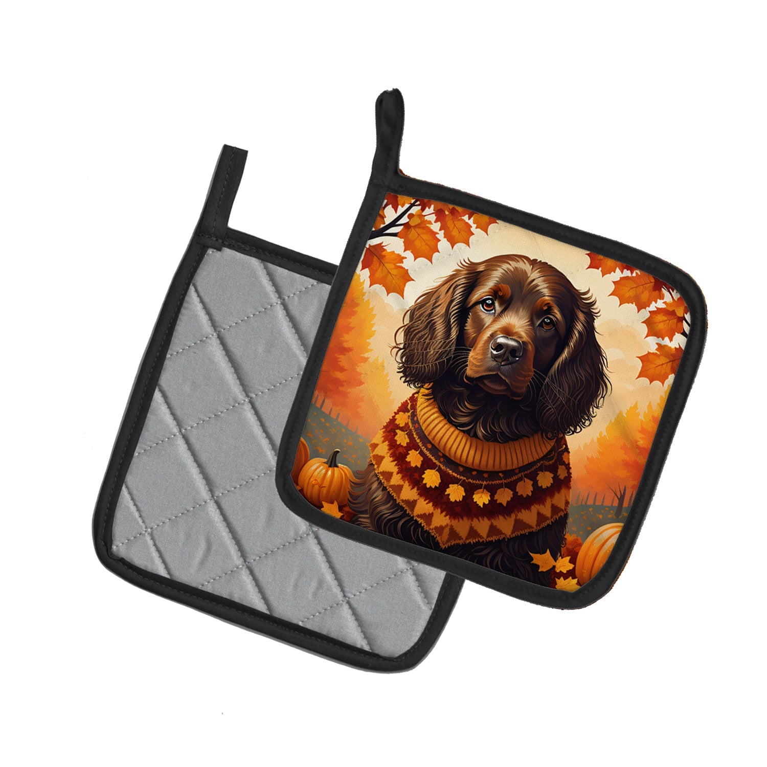 Boykin Spaniel Fall Pot Holder Set of 2 Heat Resistant Quilted Hot Pads 7.5 x 7.5 Inch, Insulated Kitchen Trivets for Cooking & Baking