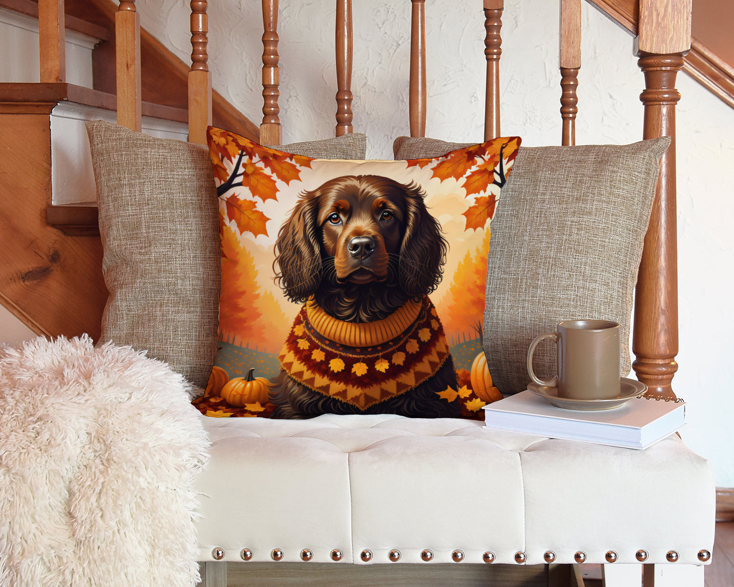 Boykin Spaniel Fall Decorative Throw Pillow 14x14 Indoor Outdoor Accent Cushion, Fabric Cover with Insert for Sofa, Bed, Porch & Living Room