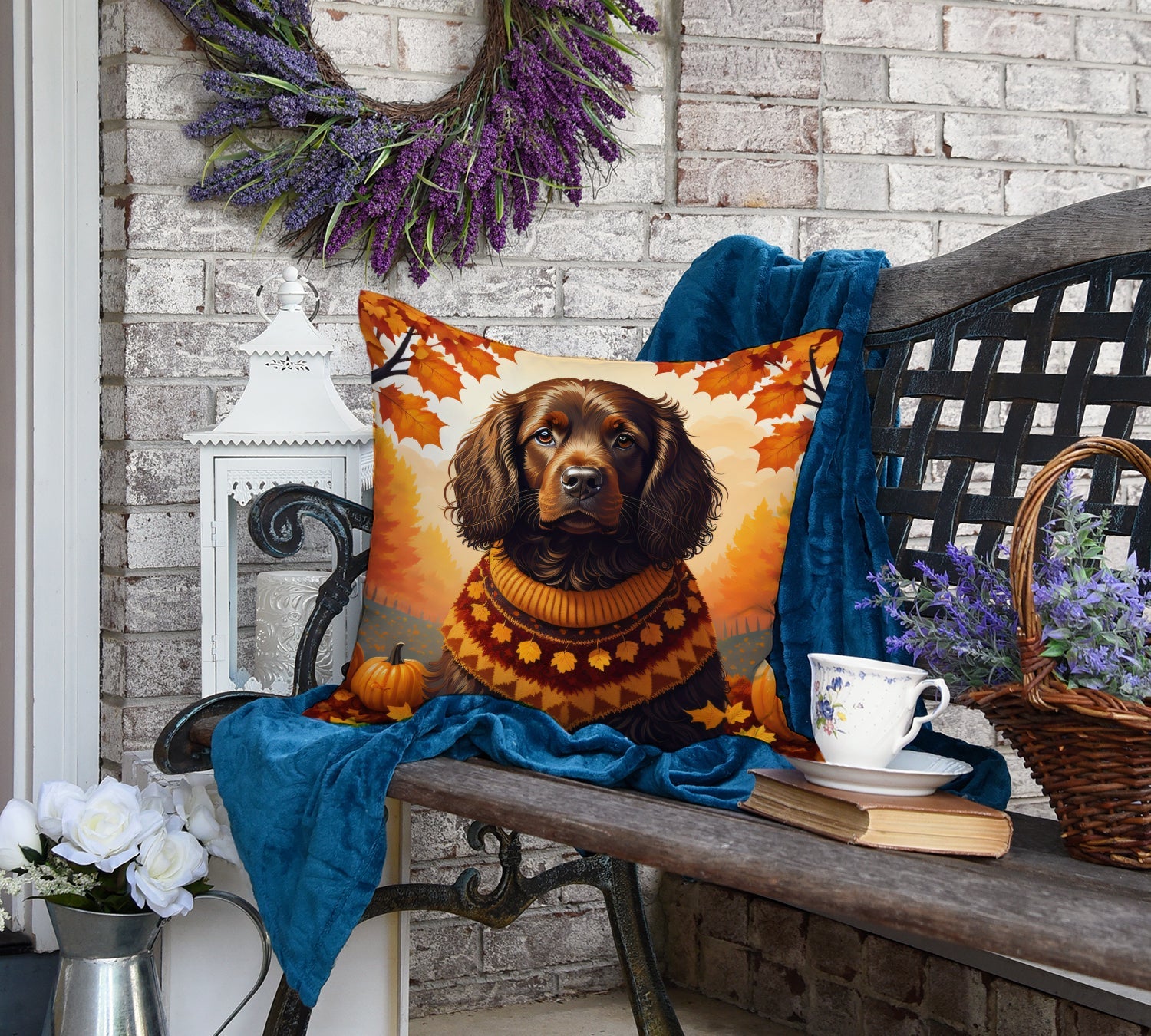 Boykin Spaniel Fall Decorative Throw Pillow 18x18 Indoor Outdoor Accent Cushion, Fabric Cover with Insert for Sofa, Bed, Porch & Living Room