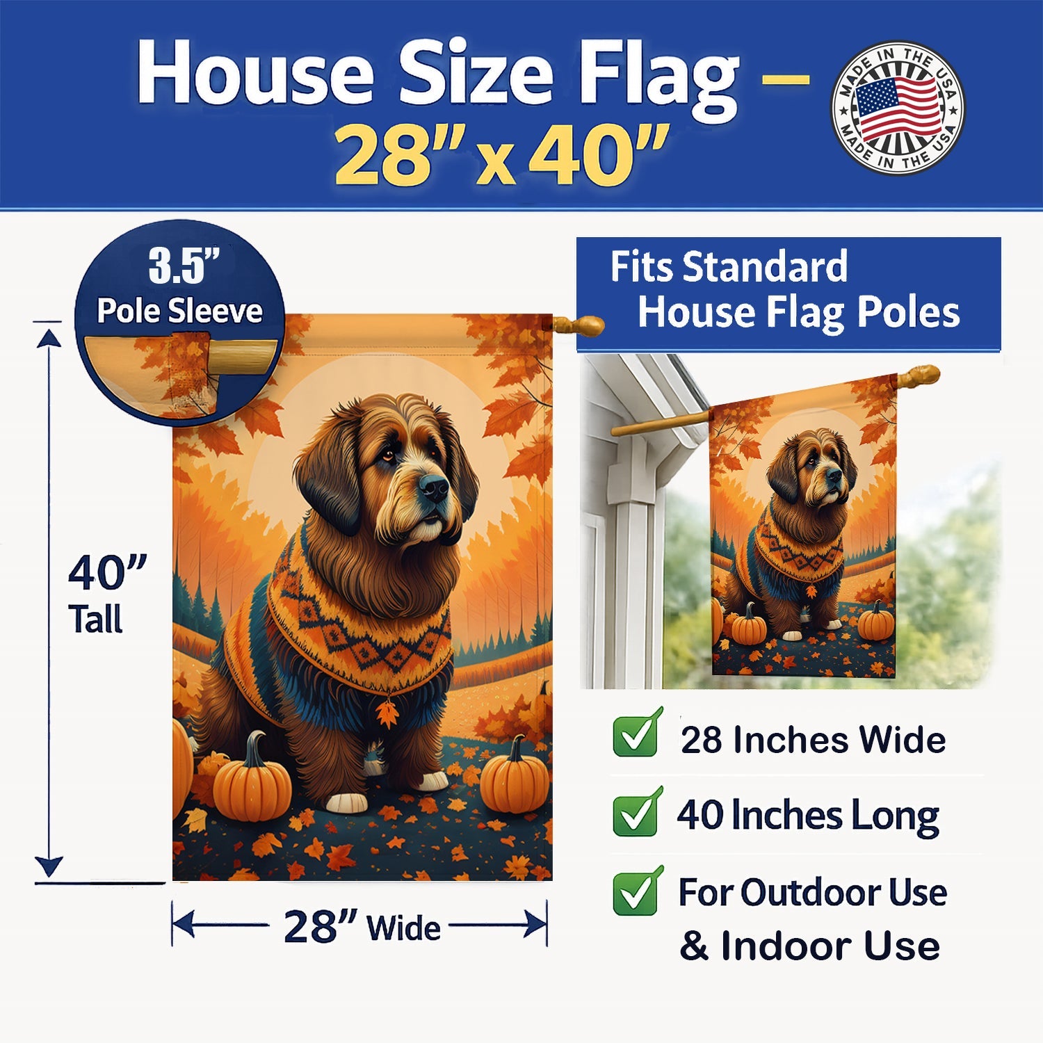 Briard Fall House Flag 28x40 Porch Sleeve Pole Decorative Outside Yard Banner Artwork Wall Hanging, Polyester