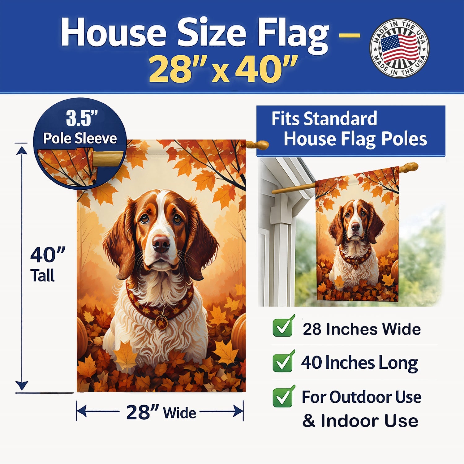 Brittany Spaniel Fall House Flag 28x40 Porch Sleeve Pole Decorative Outside Yard Banner Artwork Wall Hanging, Polyester