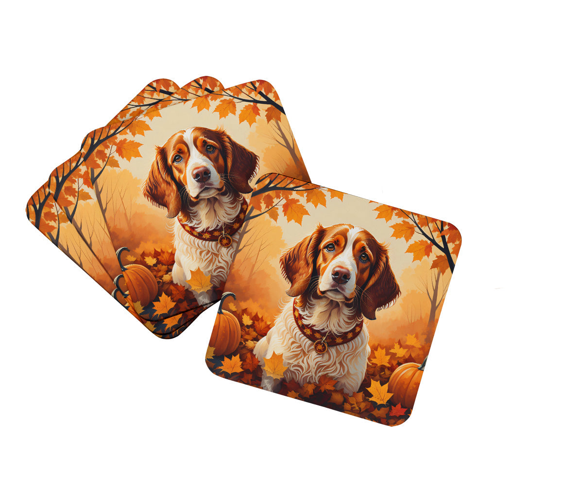 Brittany Spaniel Fall Foam Coasters Set of 4 Cup Coasters for Indoor Outdoor, Tabletop Protection, Anti Slip, Mouse pad Material