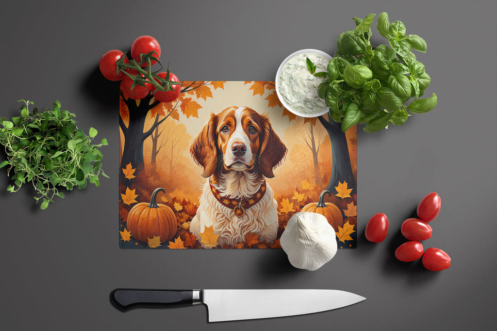 Brittany Spaniel Fall Cutting Board Tempered Glass Kitchen Cutting Surface, Heat Resistant Chopping, Non-Slip Feet, Food Prep & Serving