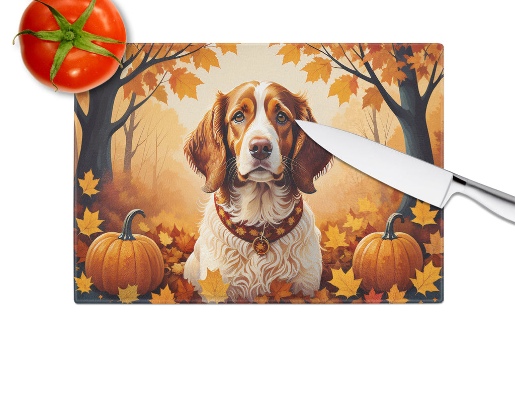 Brittany Spaniel Fall Cutting Board Tempered Glass Kitchen Cutting Surface, Heat Resistant Chopping, Non-Slip Feet, Food Prep & Serving