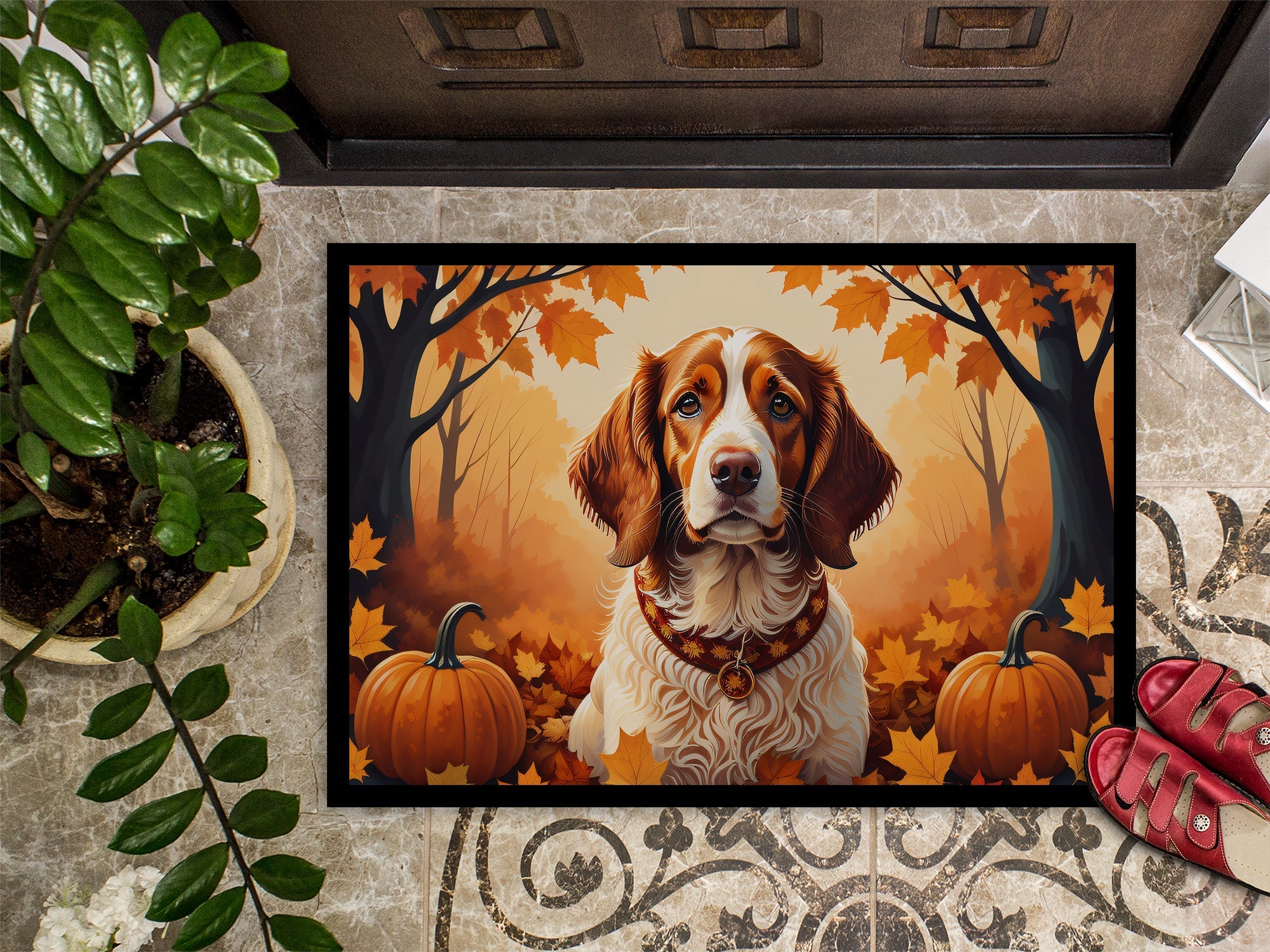 Brittany Spaniel Fall Doormat Indoor Outdoor 18H X 27W Front Door Mat Rugs for Entryway, Non Slip Washable