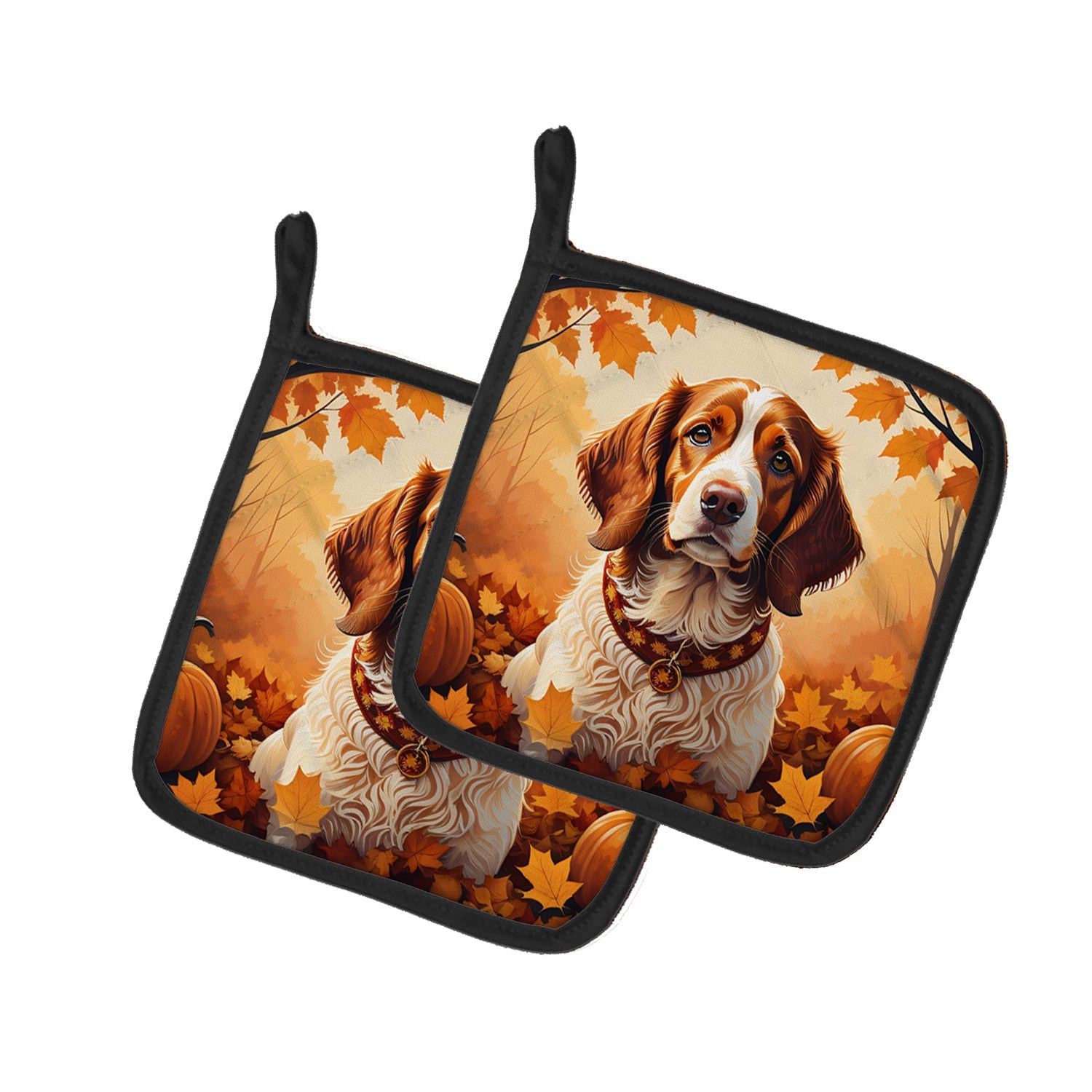Brittany Spaniel Fall Pot Holder Set of 2 Heat Resistant Quilted Hot Pads 7.5 x 7.5 Inch, Insulated Kitchen Trivets for Cooking & Baking