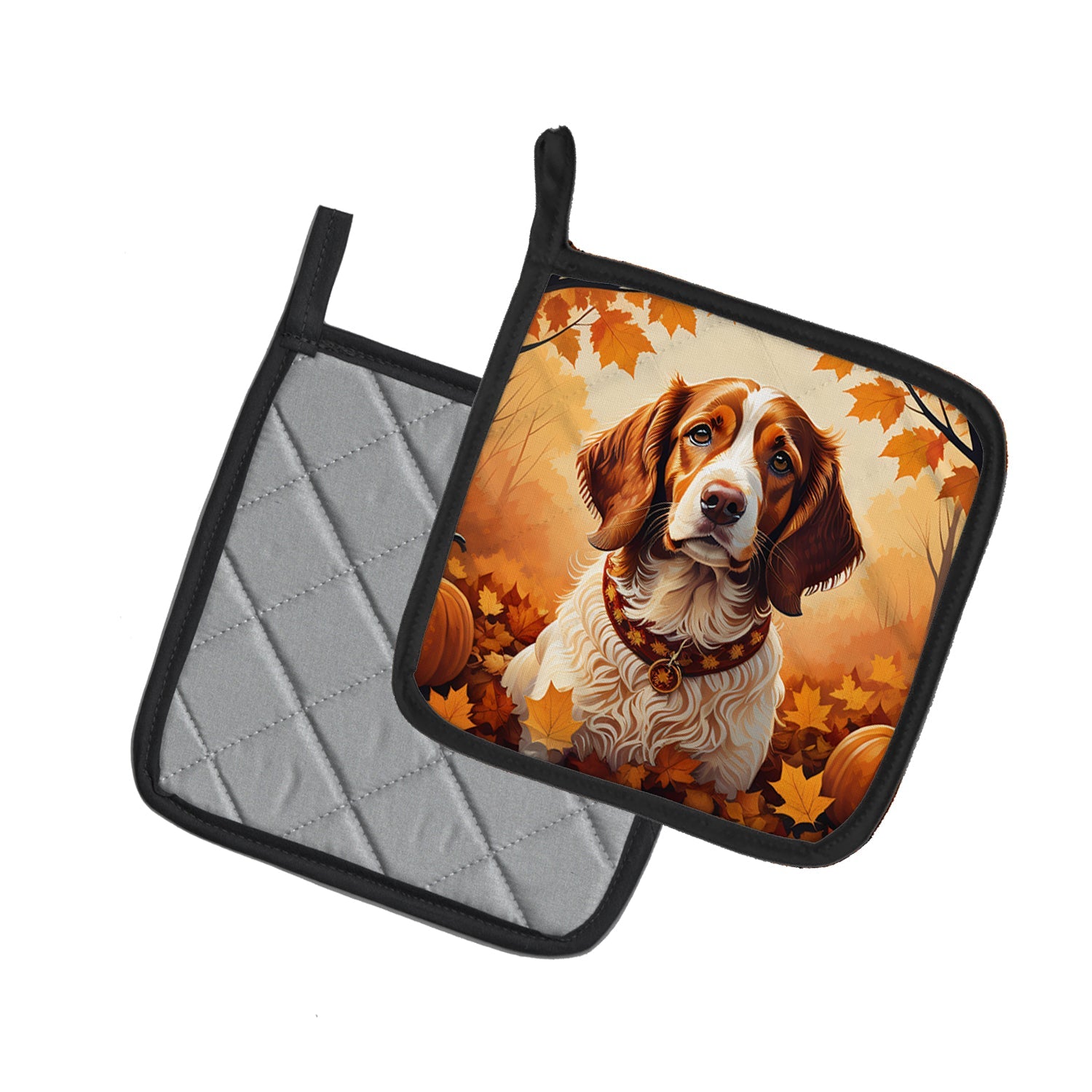Brittany Spaniel Fall Pot Holder Set of 2 Heat Resistant Quilted Hot Pads 7.5 x 7.5 Inch, Insulated Kitchen Trivets for Cooking & Baking