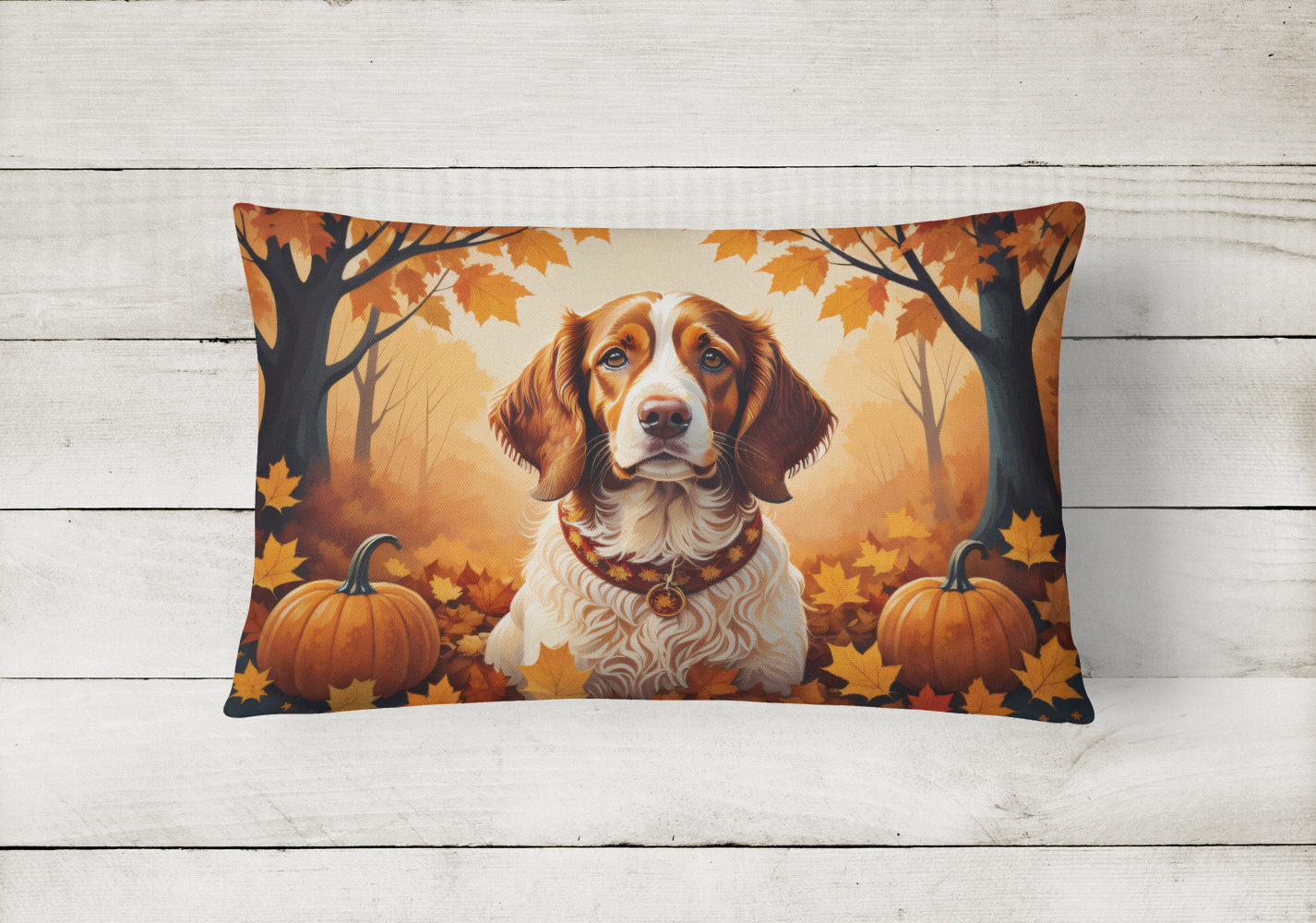 Brittany Spaniel Fall Decorative Throw Pillow 12x16 Indoor Outdoor Accent Cushion, Fabric Cover with Insert for Sofa, Bed, Porch & Living Room