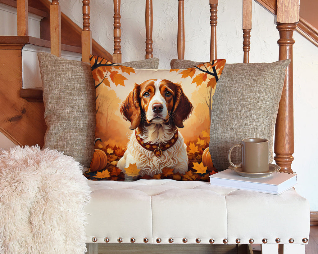Brittany Spaniel Fall Decorative Throw Pillow 14x14 Indoor Outdoor Accent Cushion, Fabric Cover with Insert for Sofa, Bed, Porch & Living Room