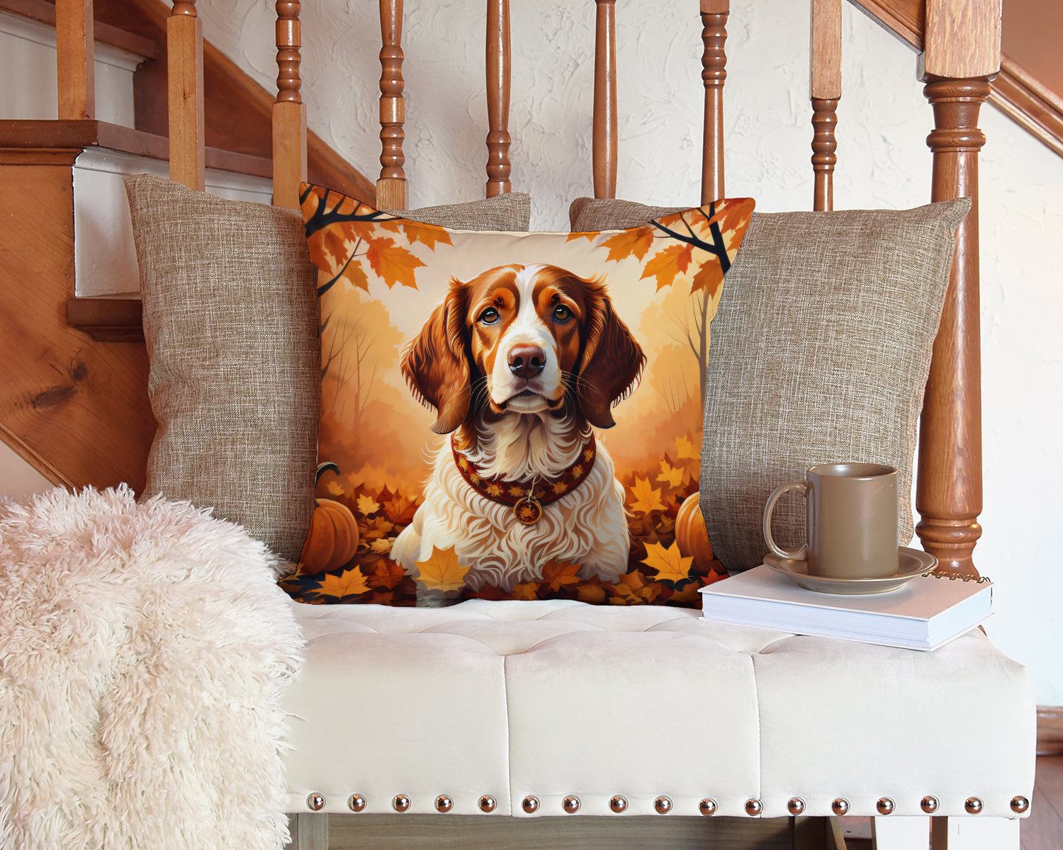 Brittany Spaniel Fall Decorative Throw Pillow 14x14 Indoor Outdoor Accent Cushion, Fabric Cover with Insert for Sofa, Bed, Porch & Living Room