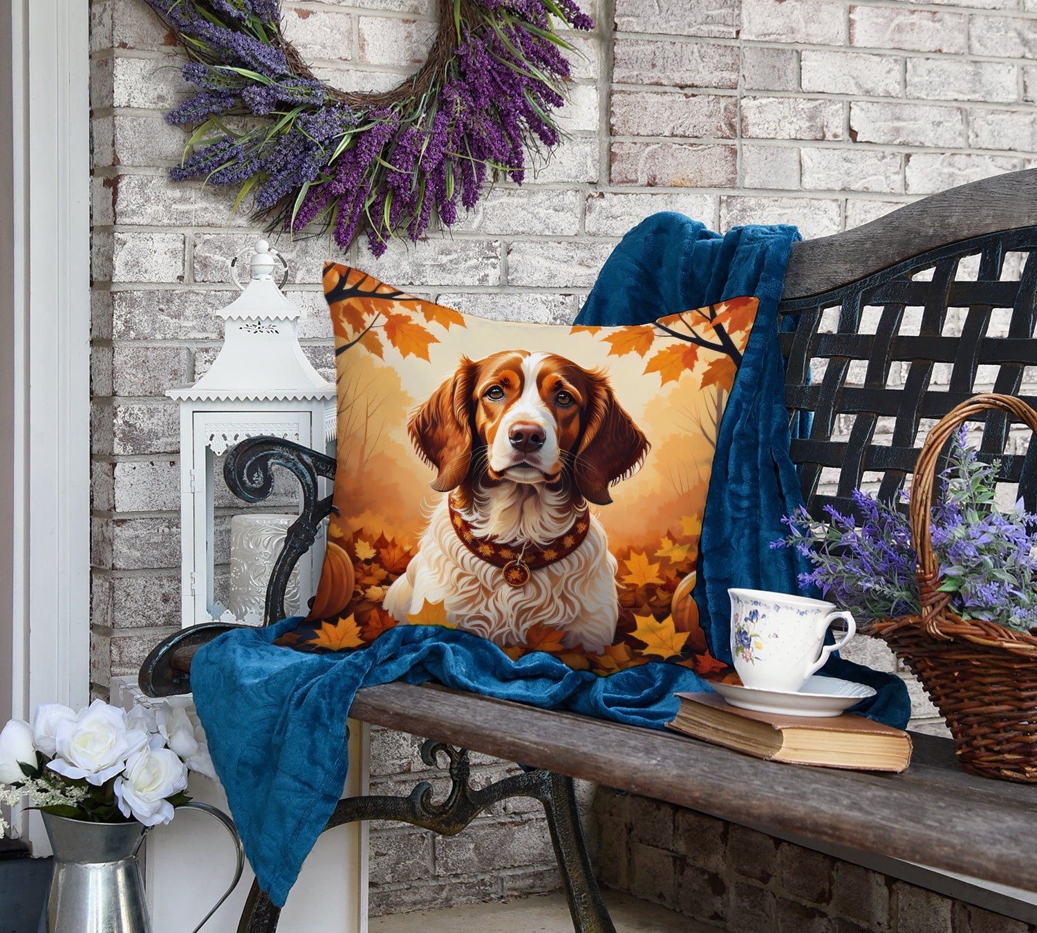 Brittany Spaniel Fall Decorative Throw Pillow 18x18 Indoor Outdoor Accent Cushion, Fabric Cover with Insert for Sofa, Bed, Porch & Living Room