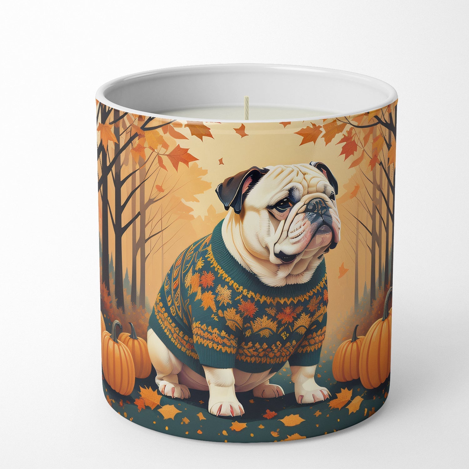 White English Bulldog Fall Decorative Soy Candle Nature Soy Wax Essential Oil Home Decor Ideal for Bedroom Kitchen Bath Office Gift, 10 oz