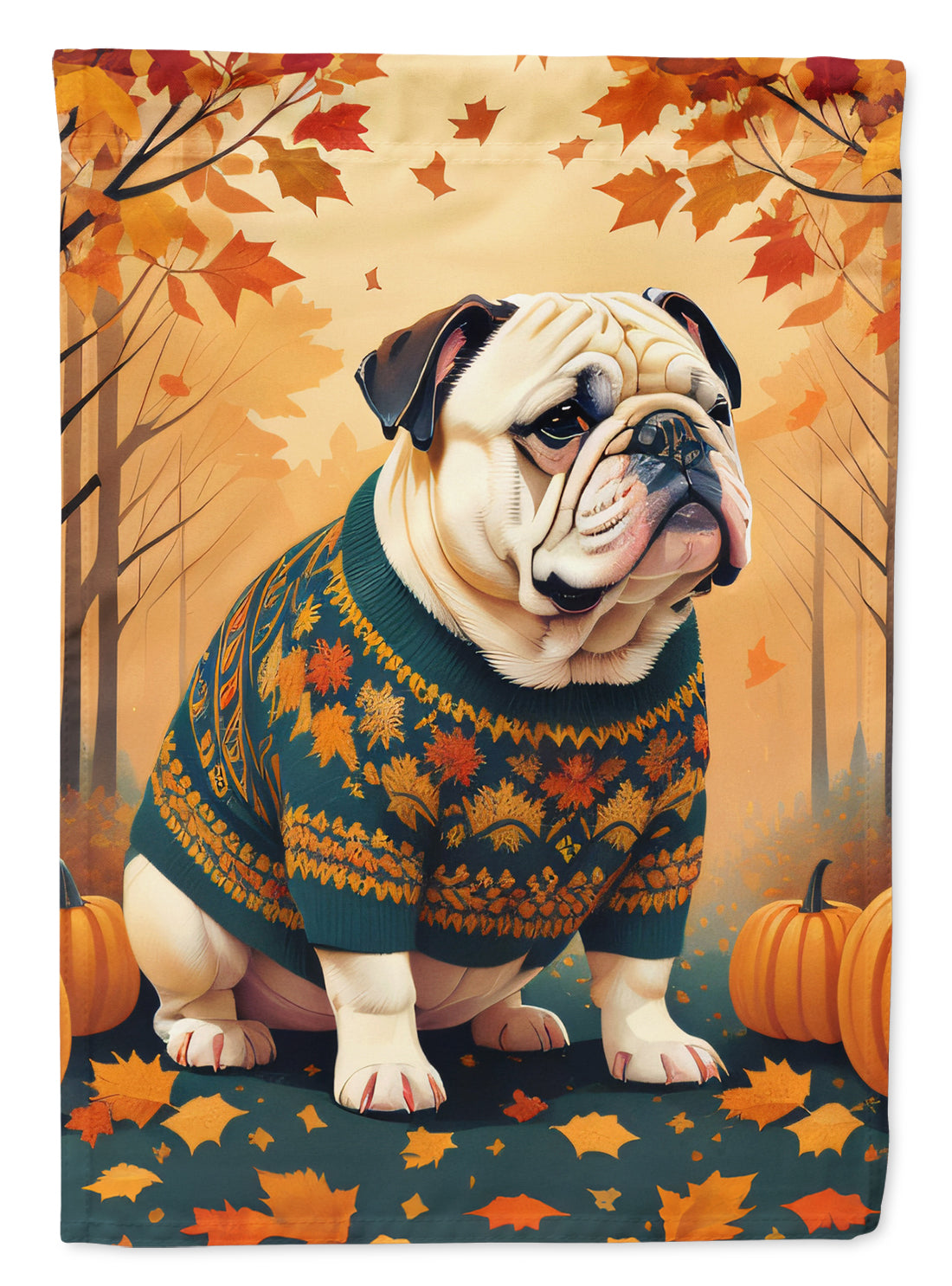 White English Bulldog Fall House Flag 28x40 Porch Sleeve Pole Decorative Outside Yard Banner Artwork Wall Hanging, Polyester