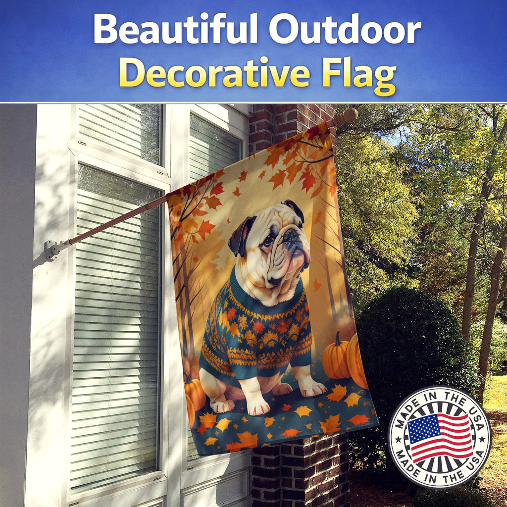White English Bulldog Fall House Flag 28x40 Porch Sleeve Pole Decorative Outside Yard Banner Artwork Wall Hanging, Polyester