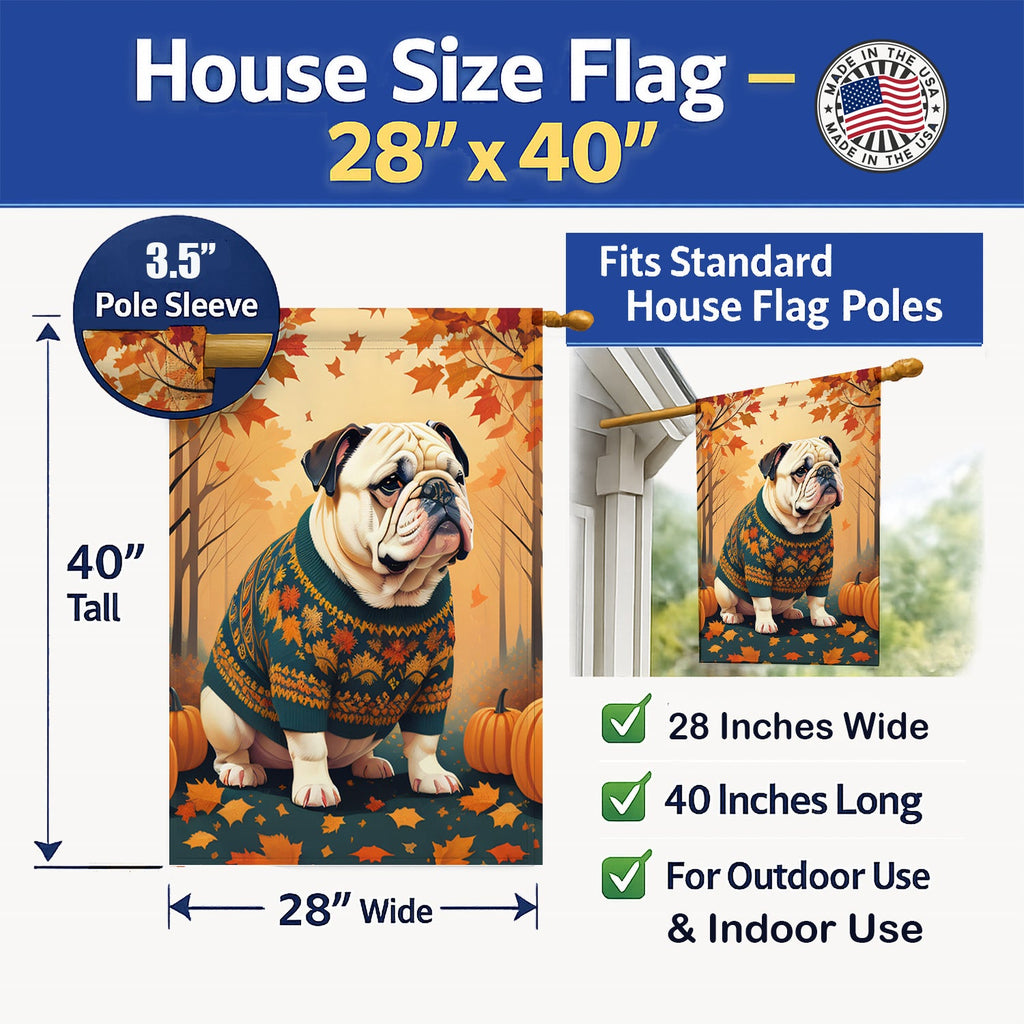 White English Bulldog Fall House Flag 28x40 Porch Sleeve Pole Decorative Outside Yard Banner Artwork Wall Hanging, Polyester