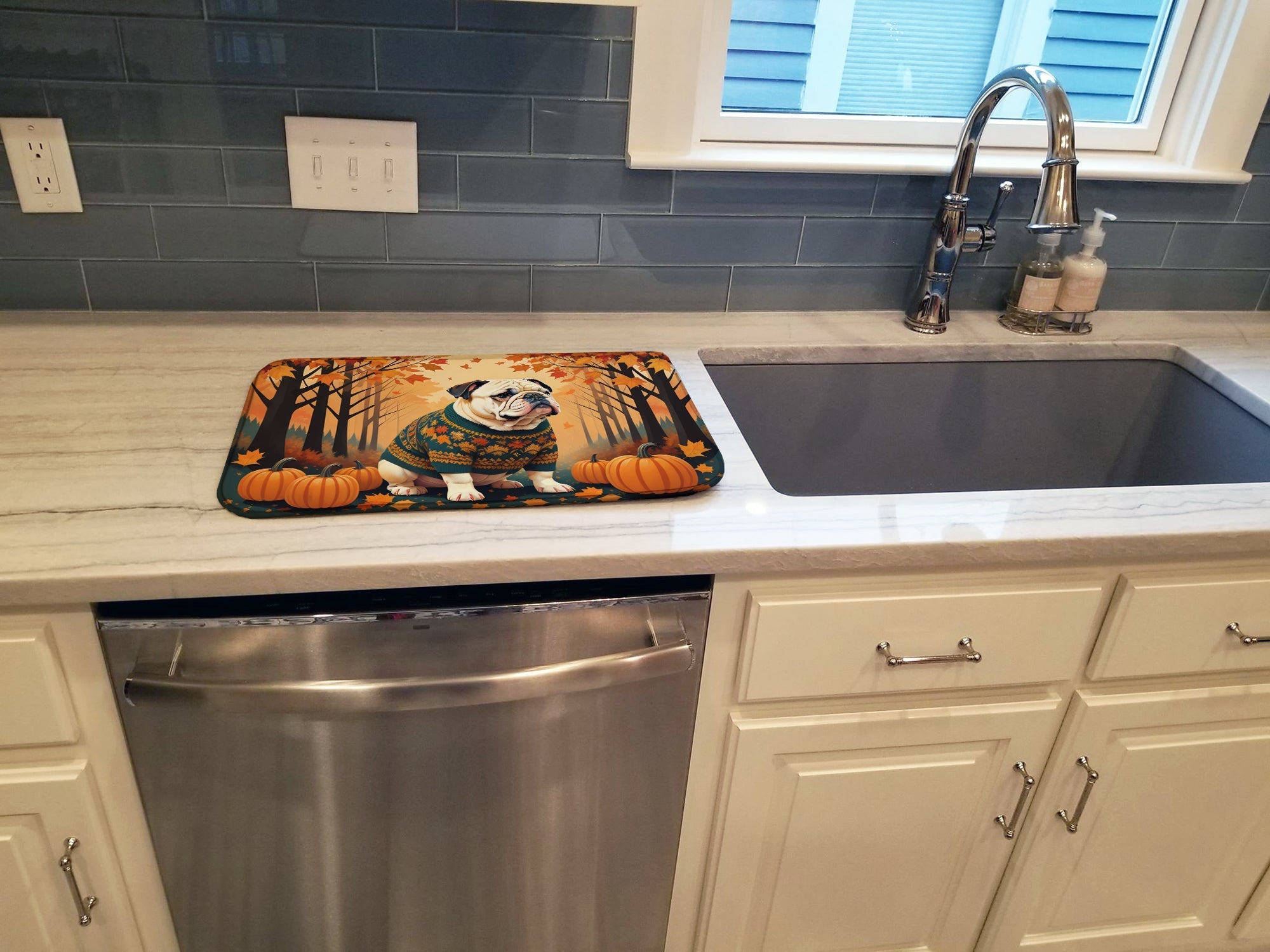 White English Bulldog Fall Dish Drying Mat Absorbent Dish Drying Mat Pad for Kitchen Counter Dish Drainer Mat for Countertop, 14 x 21", Multicolor