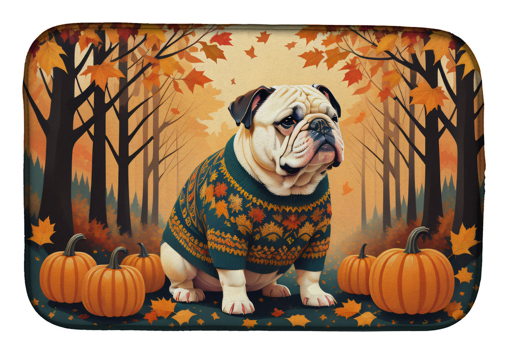 White English Bulldog Fall Dish Drying Mat Absorbent Dish Drying Mat Pad for Kitchen Counter Dish Drainer Mat for Countertop, 14 x 21", Multicolor