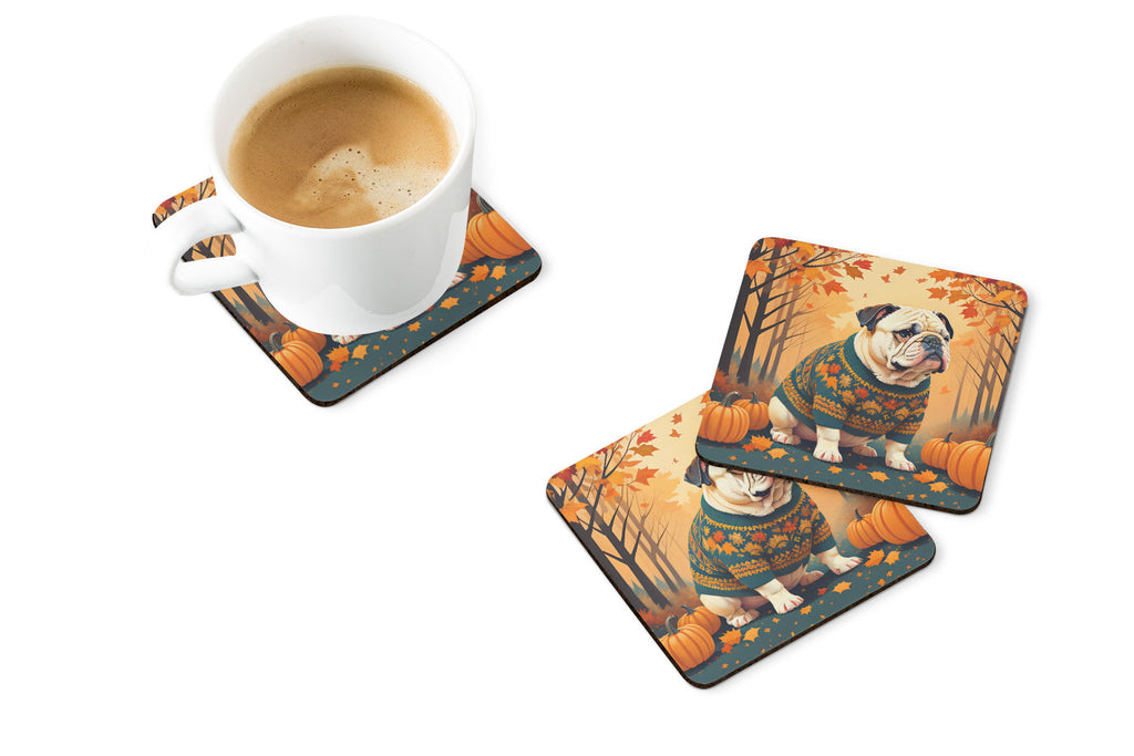 White English Bulldog Fall Foam Coasters Set of 4 Cup Coasters for Indoor Outdoor, Tabletop Protection, Anti Slip, Mouse pad Material