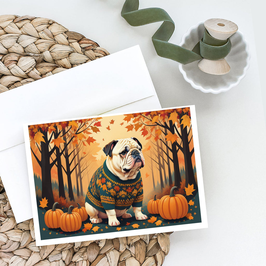 White English Bulldog Fall Greeting Cards Pack of 8 Blank Cards with Envelopes Whimsical A7 Size 5x7