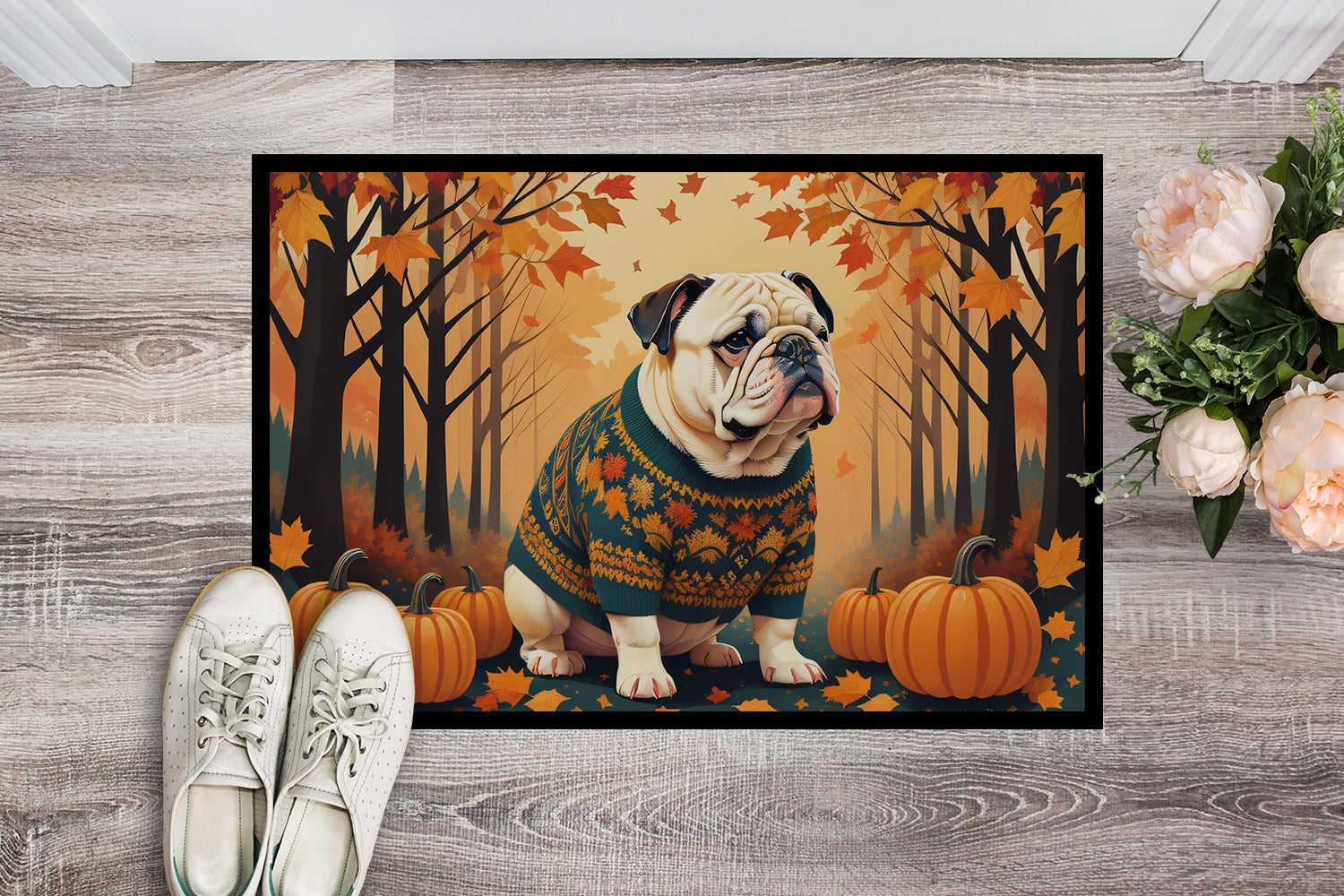 White English Bulldog Fall Doormat Indoor Outdoor 24H X 36W Front Door Mat Rugs for Entryway, Non Slip Washable Low Pile,