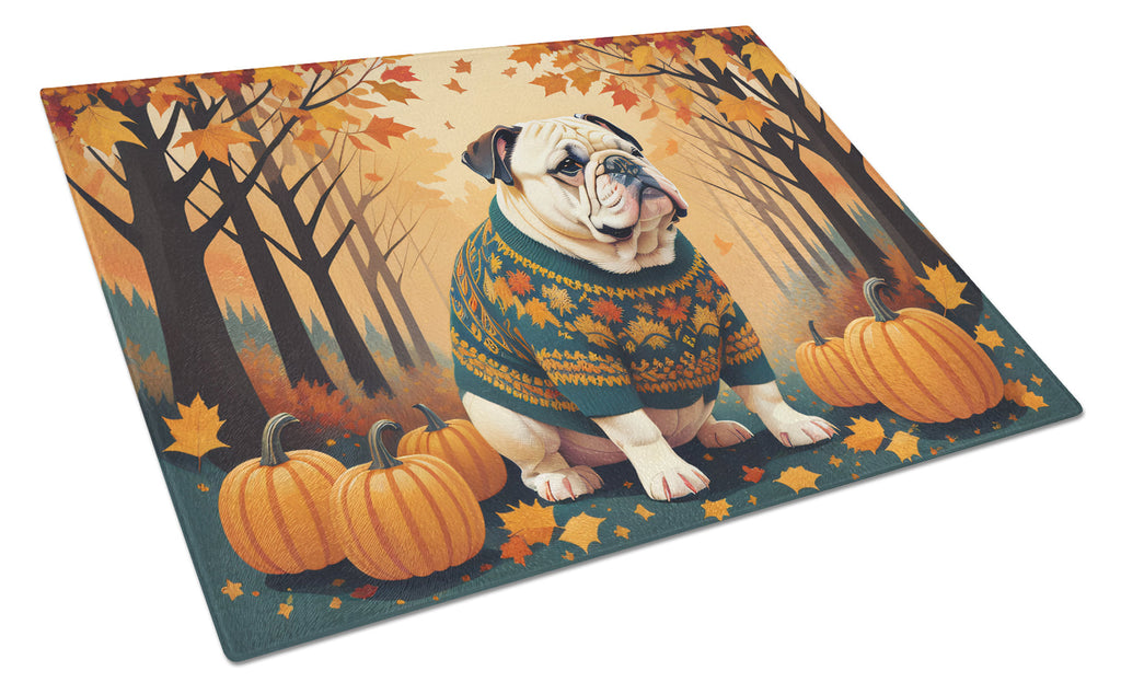 White English Bulldog Fall Cutting Board Tempered Glass Kitchen Cutting Surface, Heat Resistant Chopping, Non-Slip Feet, Food Prep & Serving