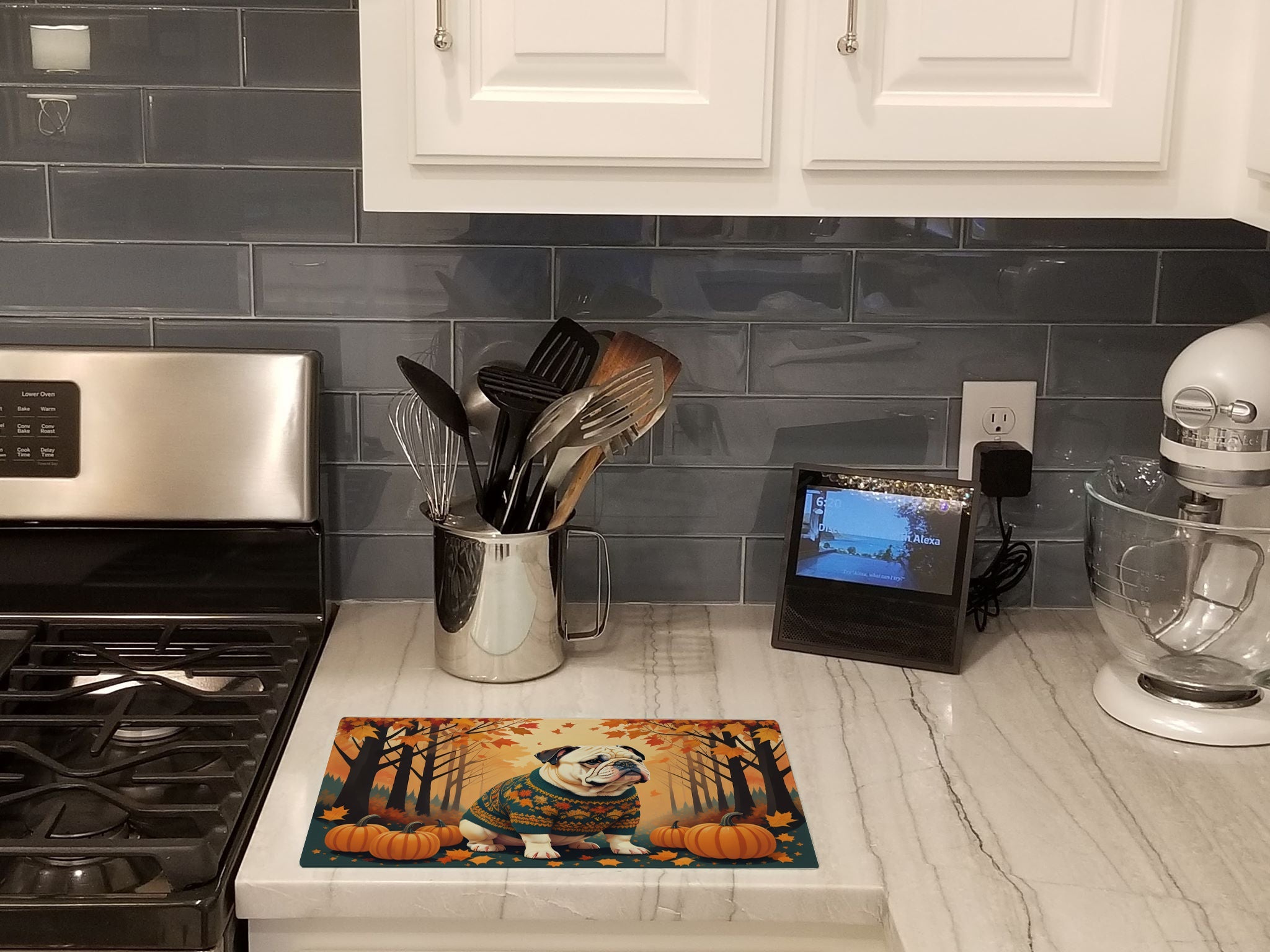 White English Bulldog Fall Cutting Board Tempered Glass Kitchen Cutting Surface, Heat Resistant Chopping, Non-Slip Feet, Food Prep & Serving