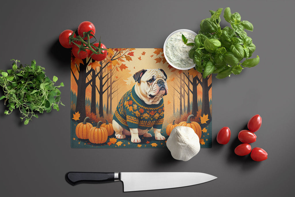 White English Bulldog Fall Cutting Board Tempered Glass Kitchen Cutting Surface, Heat Resistant Chopping, Non-Slip Feet, Food Prep & Serving