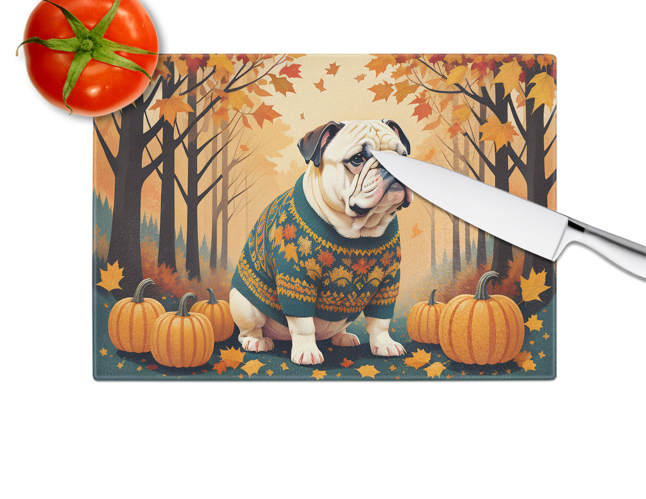 White English Bulldog Fall Cutting Board Tempered Glass Kitchen Cutting Surface, Heat Resistant Chopping, Non-Slip Feet, Food Prep & Serving