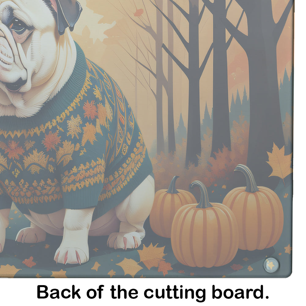 White English Bulldog Fall Cutting Board Tempered Glass Kitchen Cutting Surface, Heat Resistant Chopping, Non-Slip Feet, Food Prep & Serving