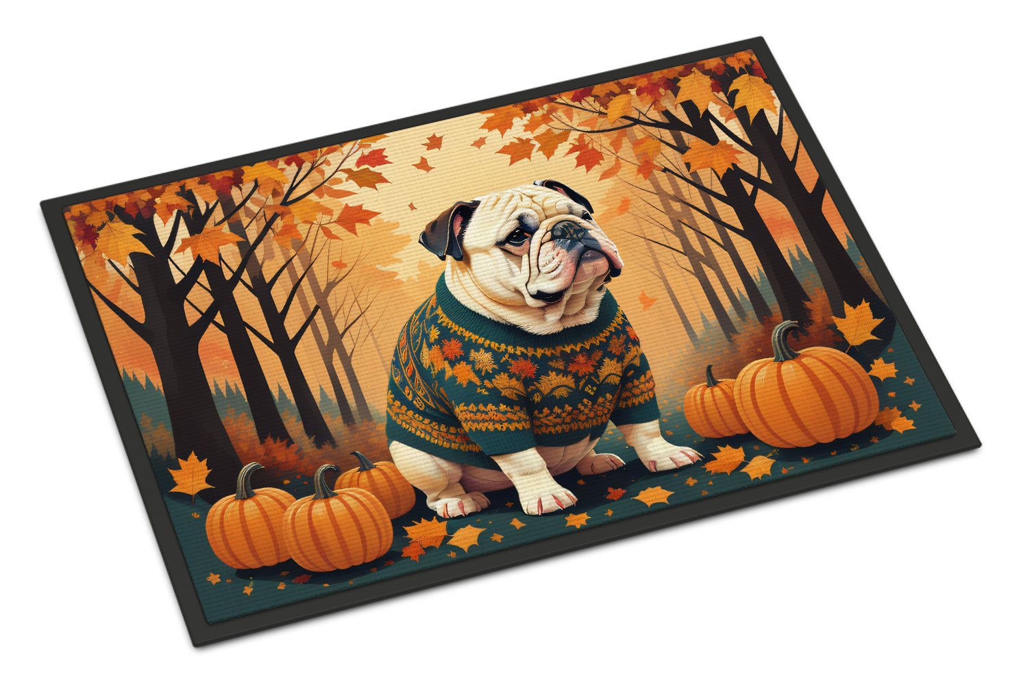 White English Bulldog Fall Doormat Indoor Outdoor 18H X 27W Front Door Mat Rugs for Entryway, Non Slip Washable