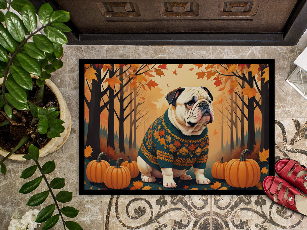 White English Bulldog Fall Doormat Indoor Outdoor 18H X 27W Front Door Mat Rugs for Entryway, Non Slip Washable