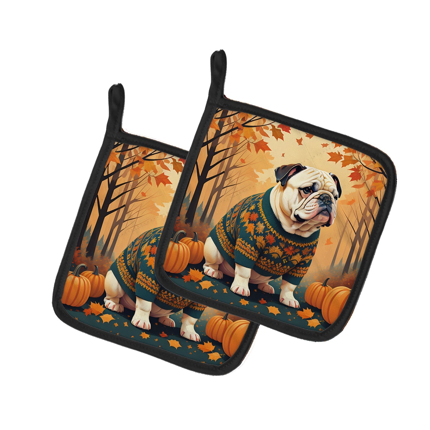 White English Bulldog Fall Pot Holder Set of 2 Heat Resistant Quilted Hot Pads 7.5 x 7.5 Inch, Insulated Kitchen Trivets for Cooking & Baking
