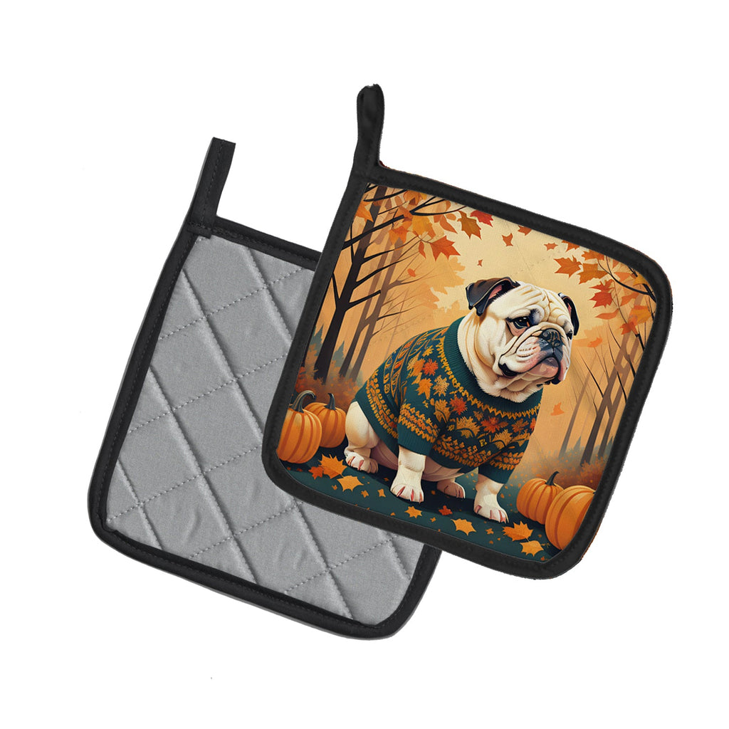 White English Bulldog Fall Pot Holder Set of 2 Heat Resistant Quilted Hot Pads 7.5 x 7.5 Inch, Insulated Kitchen Trivets for Cooking & Baking