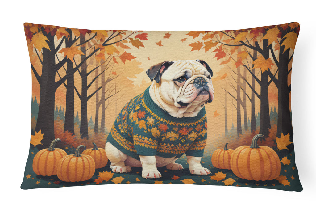 White English Bulldog Fall Decorative Throw Pillow 12x16 Indoor Outdoor Accent Cushion, Fabric Cover with Insert for Sofa, Bed, Porch & Living Room