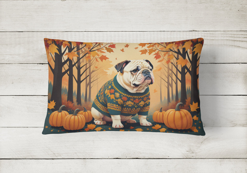 White English Bulldog Fall Decorative Throw Pillow 12x16 Indoor Outdoor Accent Cushion, Fabric Cover with Insert for Sofa, Bed, Porch & Living Room