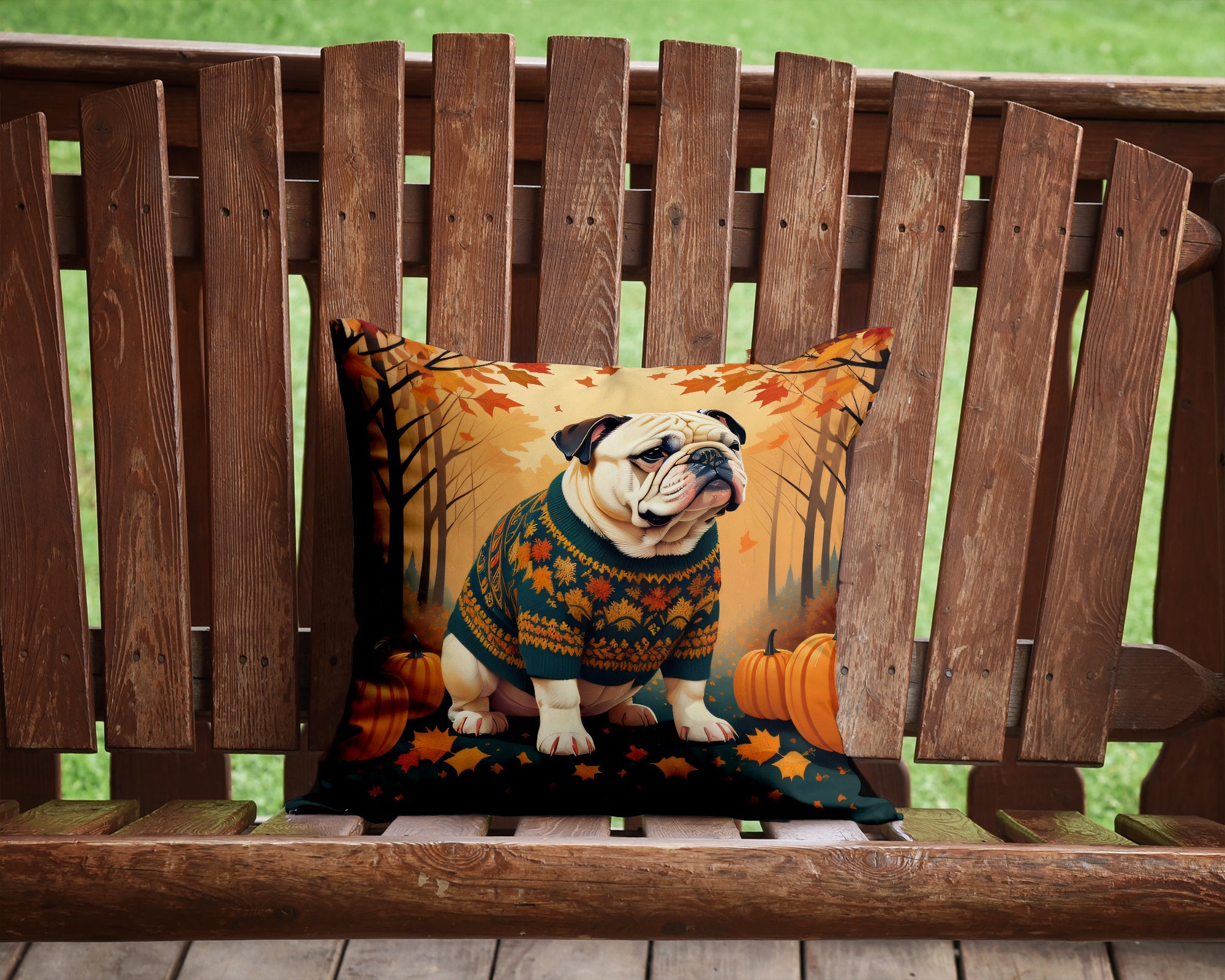 White English Bulldog Fall Decorative Throw Pillow 14x14 Indoor Outdoor Accent Cushion, Fabric Cover with Insert for Sofa, Bed, Porch & Living Room